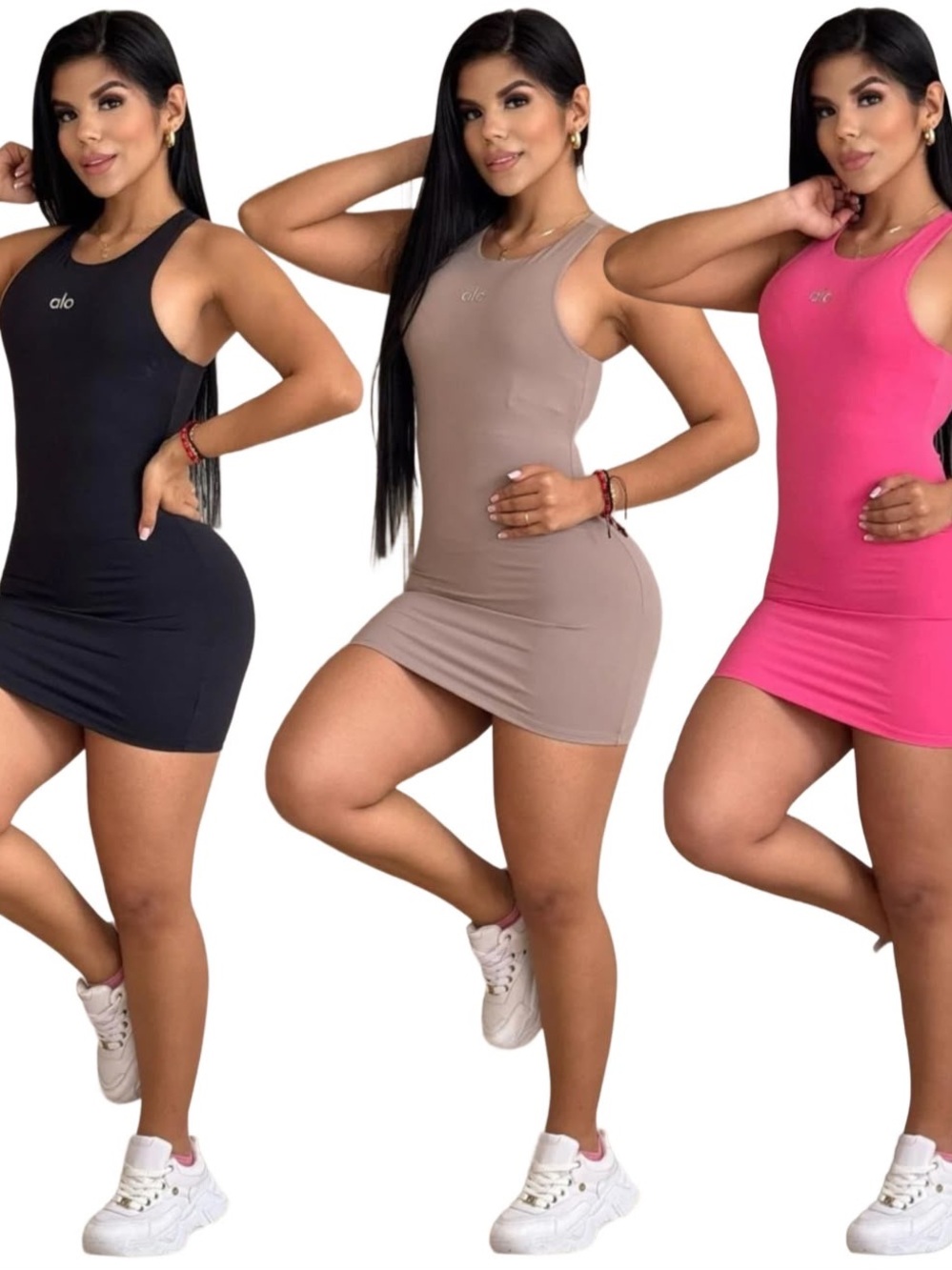 ALO Yoga Women's Sleeveless Mini Dress in Black, Taupe, and Pink